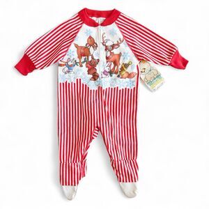 Vintage 80s Montgomery Ward Fleece Christmas Pajamas Striped Footed Size 1 NOS